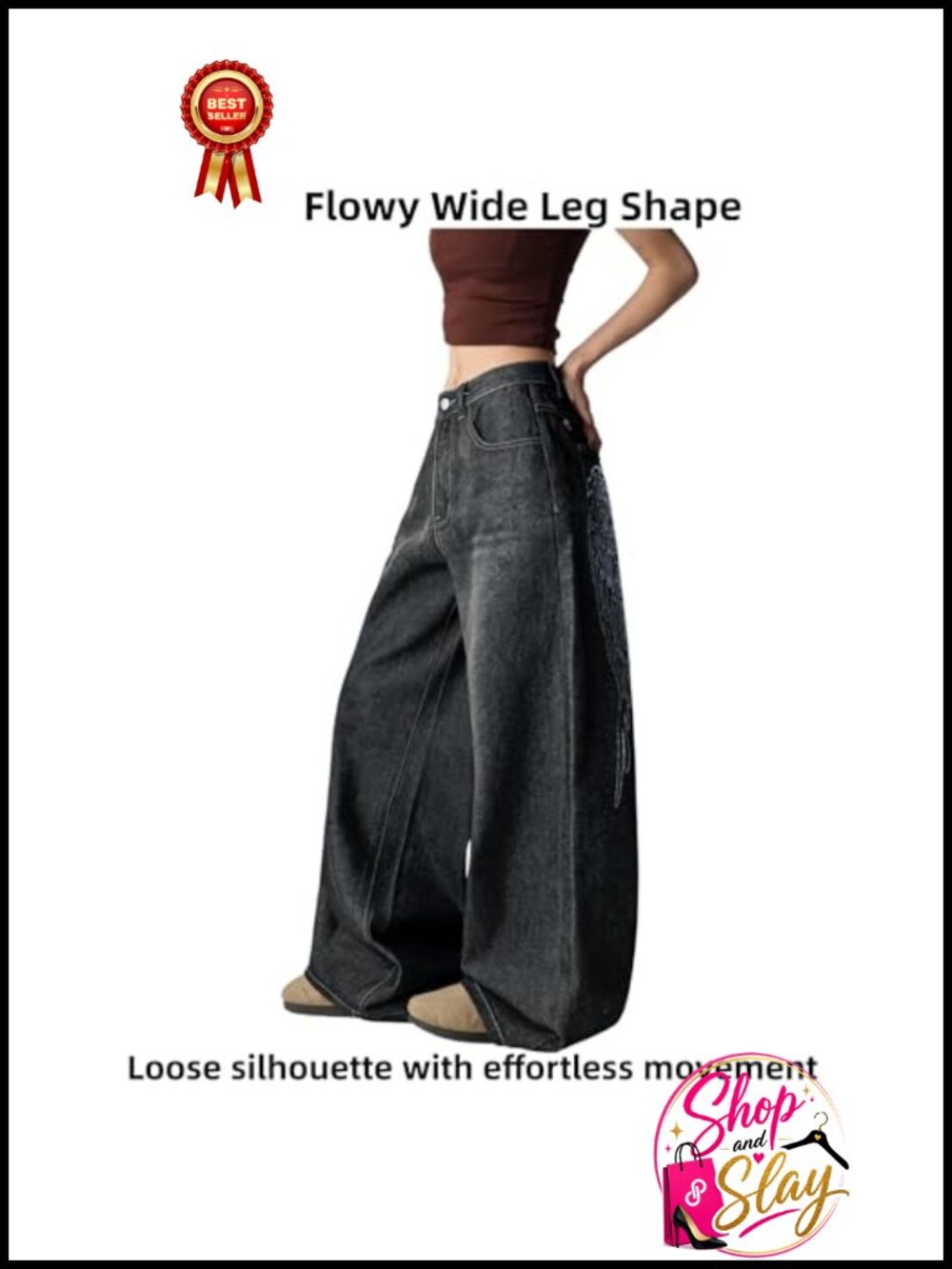 Wide Leg Baggy High Waisted Denim Jeans Loose Fit Y2K Graphic Streetwear Pants - Picture 4 of 6
